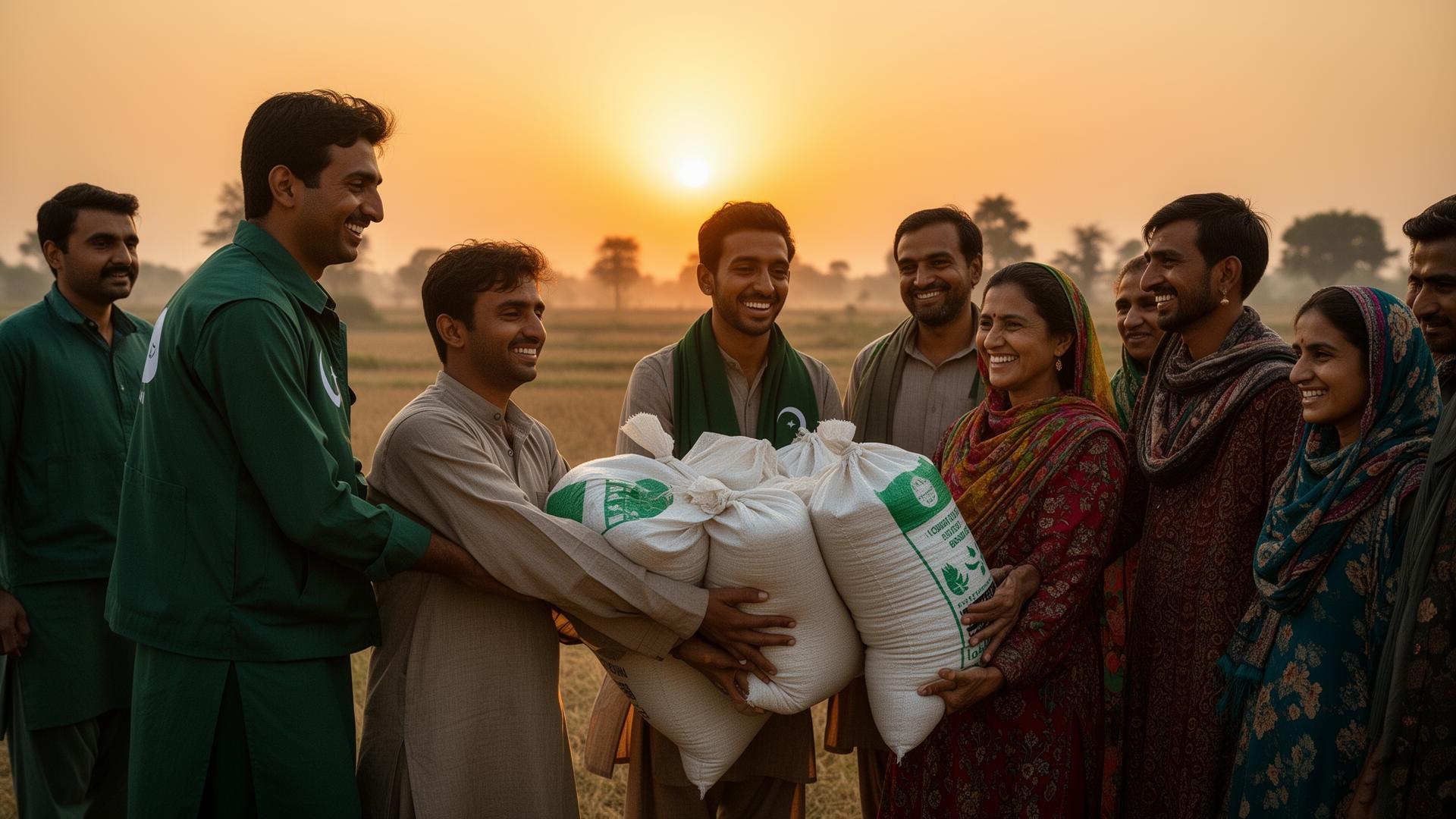 Volunteers distributing aid packages to families in Pakistan